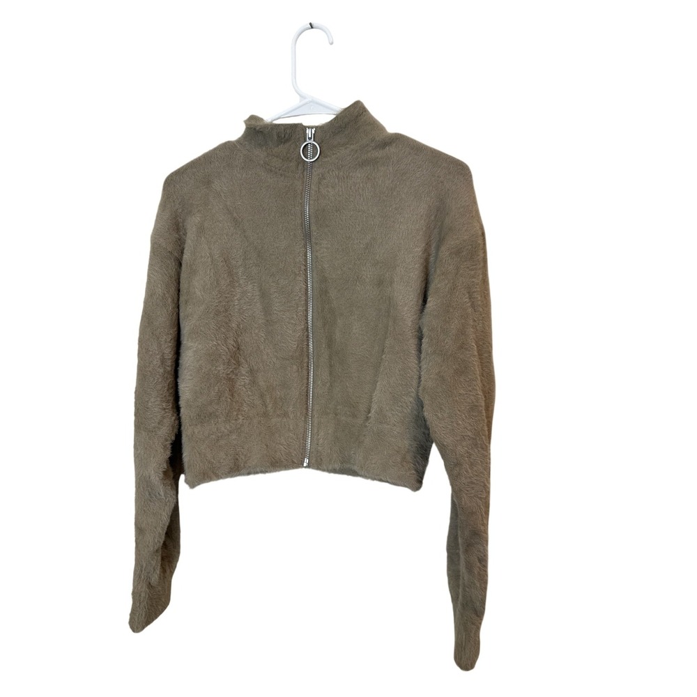 Gymshark Jacket Womens Small Beige Fuzzy Fleece Cropped Full Zip Mock Neck